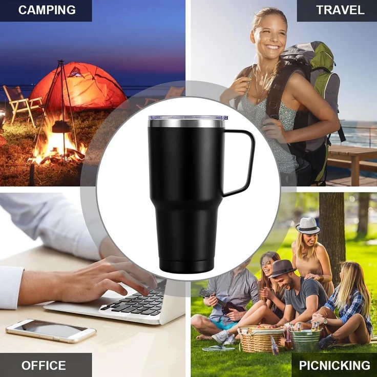 Livole 30oz 900ml Doppelwandiger Thermobecher mit Strohhalm Henkel Schwarz – Bild 4