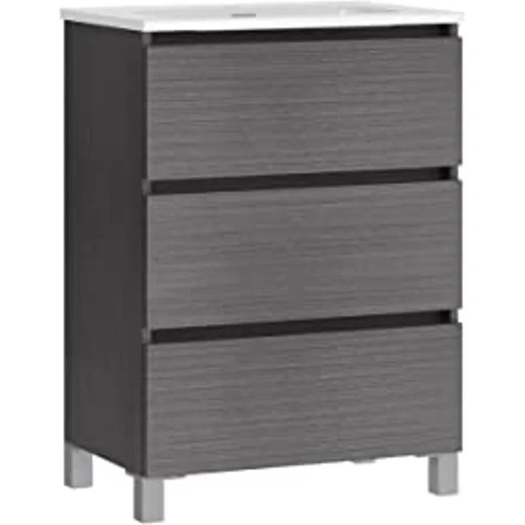 Baikal TRIX 50 cm Badezimmermöbel, 3 Schubladen, bodenständig, mit Keramikwaschbecken, Melamin 16, Asche-Finish, Maße: 50 x 75 x 39 cm, Möbel montiert
