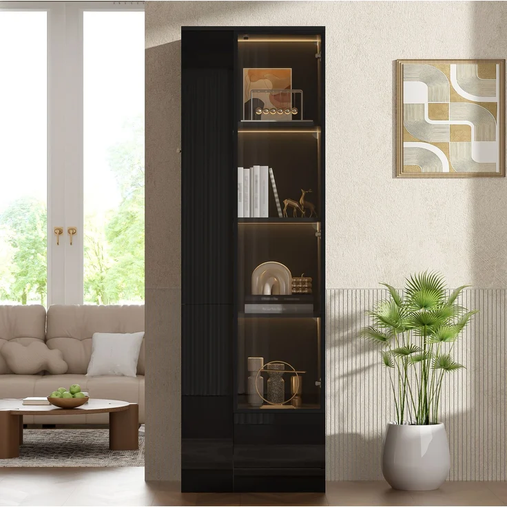 DESVIAE Regal mit Glastür Schwarz aus Spanplatte/Glas – 50x160x35 cm – LED-Beleuchtung, Schublade – Bild 3