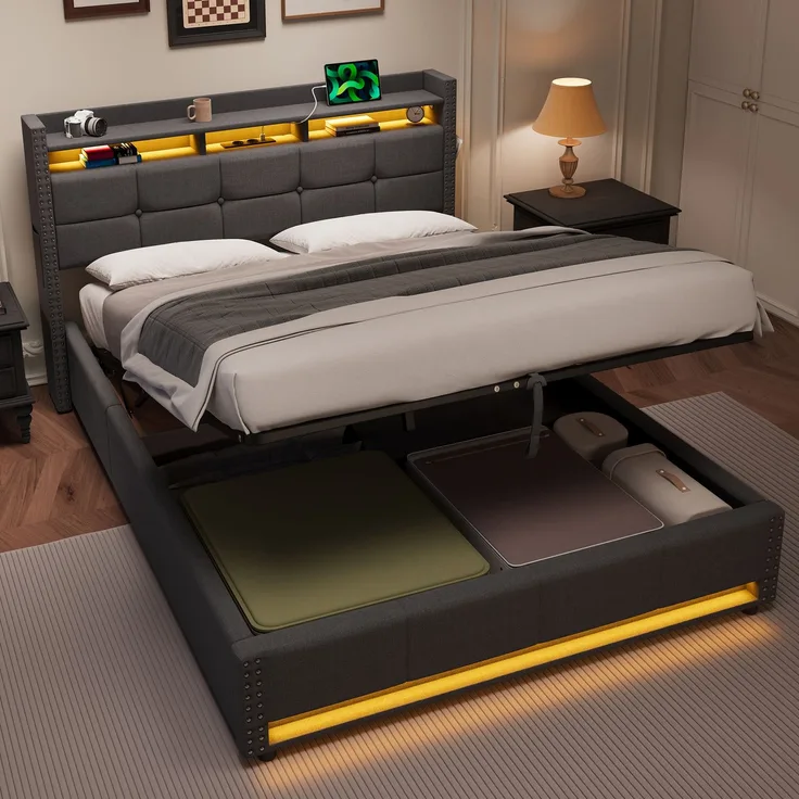 Polsterbett 140x200 cm mit LED-Beleuchtung, USB-Anschlüssen und hydraulischem Stauraum – ohne Matratze