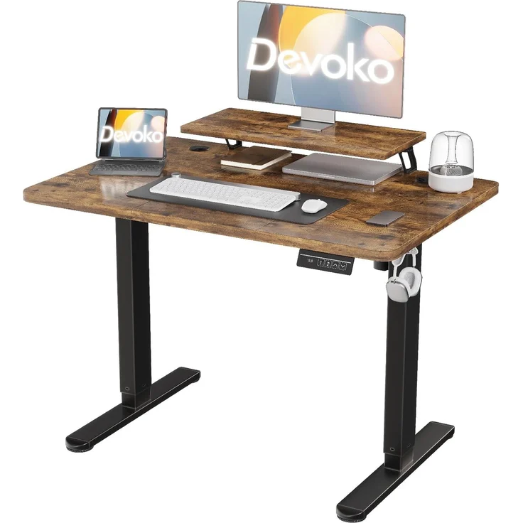 Devoko 120×60cm Elektrisch Höhenverstellbarer Schreibtisch mit Monitorständer, Computer-Schreibtisch, mit 2 Höhen-Speicherfunktionen, Vintagebraun – Bild 1