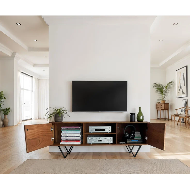 FineBuy Lowboard Sheesham Massivholz 150x56x35 cm TV-Kommode mit Steinoptik Weiß, Design TV-Schrank Hoch, Fernsehtisch Fernsehschrank Modern zwei Türen, Fernsehkommode Wohnzimmer mit Metallbeine – Bild 4