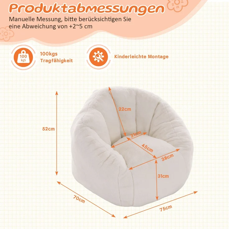 Sitzsack Beige aus weichem Polyester mit ergonomischer Form für Kinder,52*75*70 cm – Bild 5