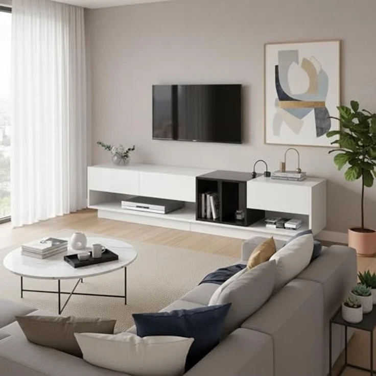 FurnitureR TV-Lowboard in Hochglanzweiß & Holzdekor, 3 Schubladen & offene Medienfächer für modernes Wohnzimmer – Bild 3