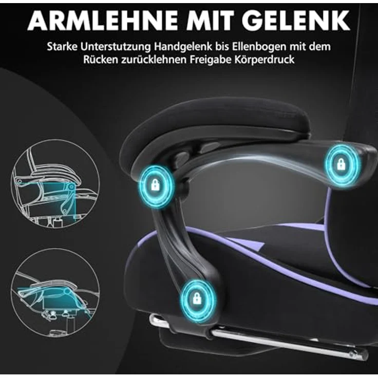 GTPLAYER Gaming Stuhl, Bürostuhl, Ergonomischer Pc Stuhl, Gaming Sessel mit Massagelendenwirbelstütze, Task Stühle mit Fußstütze und Kopfstütze, Lila Stoff – Bild 9