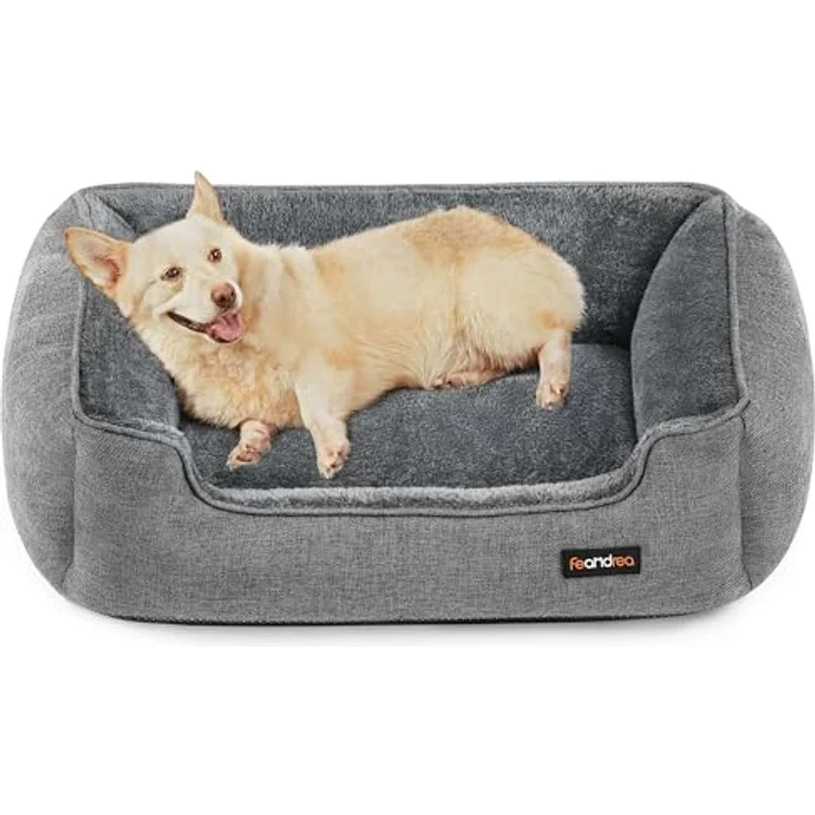 Feandrea Hundebett, Hundekissen in Leinenoptik, Hundekorb, erhöhte Ränder, rutschfeste Unterseite, Bezug abnehmbar waschbar, L, für mittelgroße Hunde, 90 x 75 x 25 cm, hellgrau PGW11GG – Bild 2