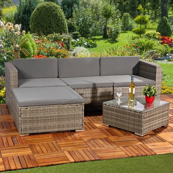 Gartengarnitur Sitzgruppe Lounge Garten Ecksofa Tisch Rattanmöbel grau 5tlg. – Bild 2