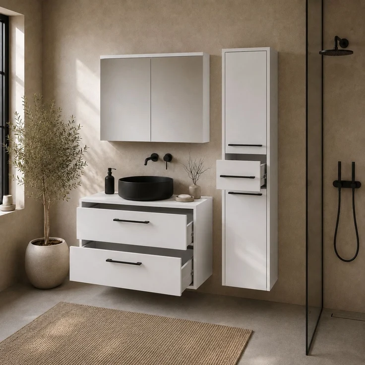 Badplaats Waschtischunterschrank-Set Florence 80 x 46 cm - Matt Weiß - mit Spiegelschrank und Hochschrank – Bild 4