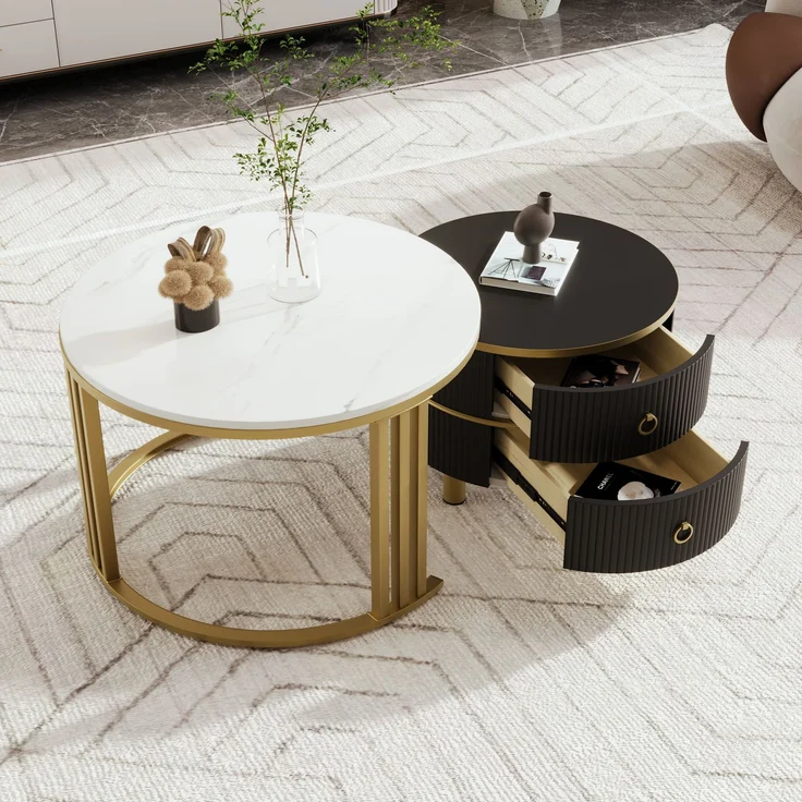 Couchtisch 2-teilig Set rund mit Marmormuster Gold und Schwarz Hochglanz Tischplatte mit Schubladen Stauraum – Bild 2