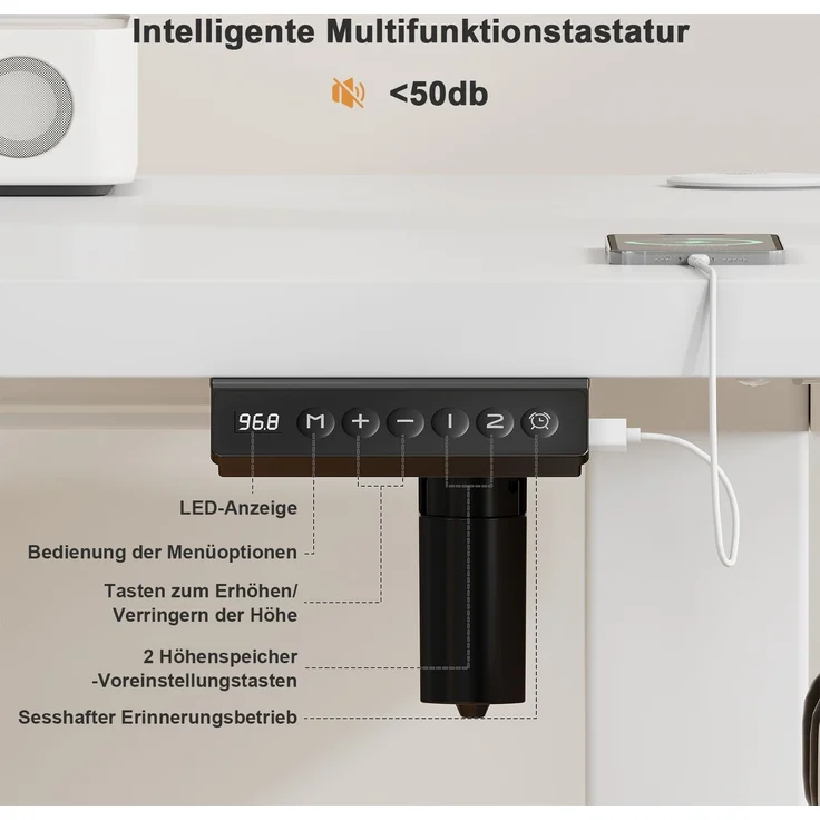 JUMMICO Schreibtisch elektrisch höhenverstellbar mit USB-Ladeanschluss, Weiß, 140x60 cm – Bild 5