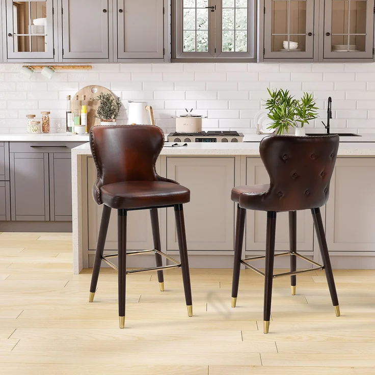 Barhocker 2er-Set eleganter Bistrostuhl mit Fußstütze & Rückenlehne, Esszimmerstuhl PU Braun 52x53x101cm--Braun--52x53x101cm--YOUDENOVA – Bild 2