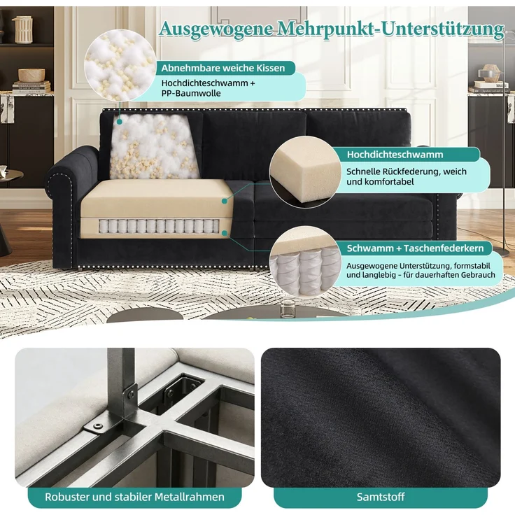 Schlafsofa 238x90x98 cm, 3-in-1 ausziehbar mit Samtbezug und verstellbaren Rückenkissen – Bild 8