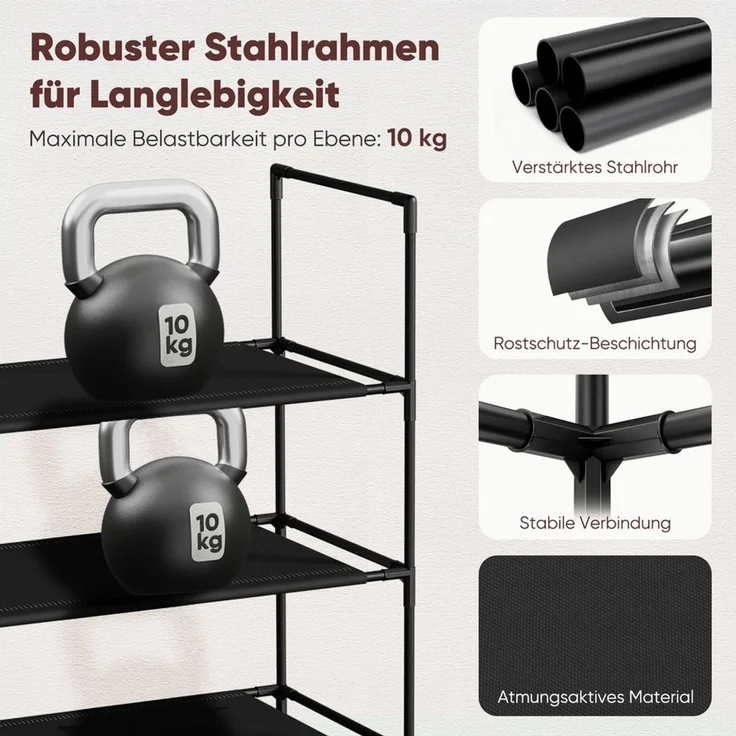 Sekey Schuhregal Schuhständer Metall XXL Ständer Regale Extra Breit 98,5 cm, 4 Ebenen, 16-25 Paar Schuhe, stapelbar & platzsparend, Vlies – Bild 3