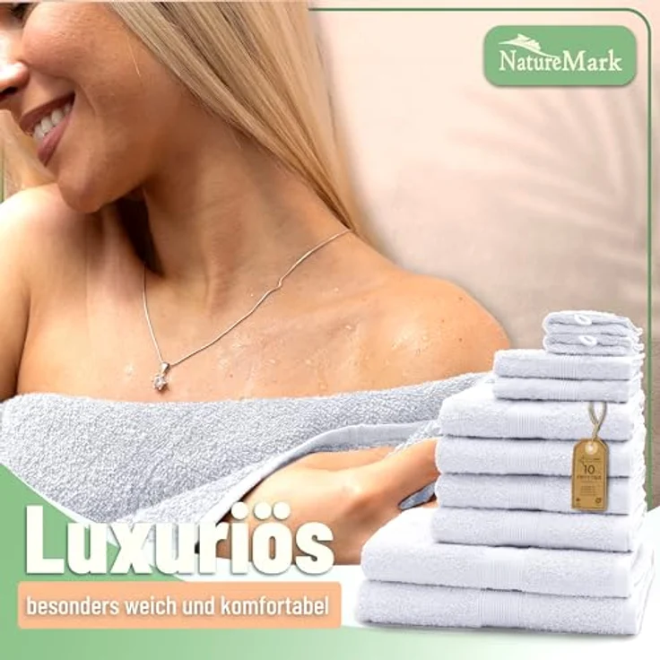 GREEN MARK Textilien 10 TLG. FROTTIER Handtuch-Set mit verschiedenen Größen 4X Handtücher, 2X Duschtücher, 2X Gästetücher, 2X Waschhandschuhe | Farbe: Weiß | Premium Qualität – Bild 8