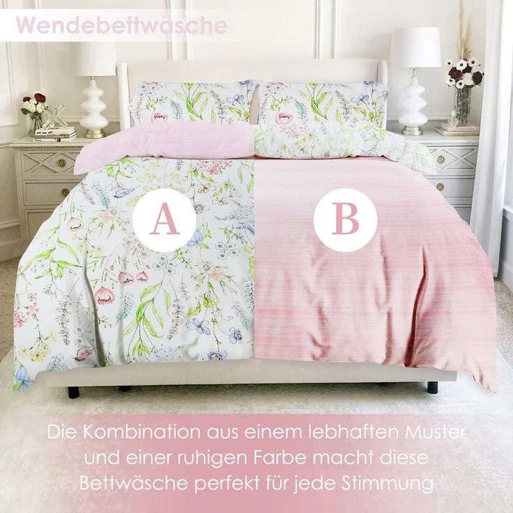 KEAYOO Bettwäsche HXM, 2 teilig, Rosa Blumenmuster Bettwäsche Baumwolle mit Reißverschluss – Bild 2