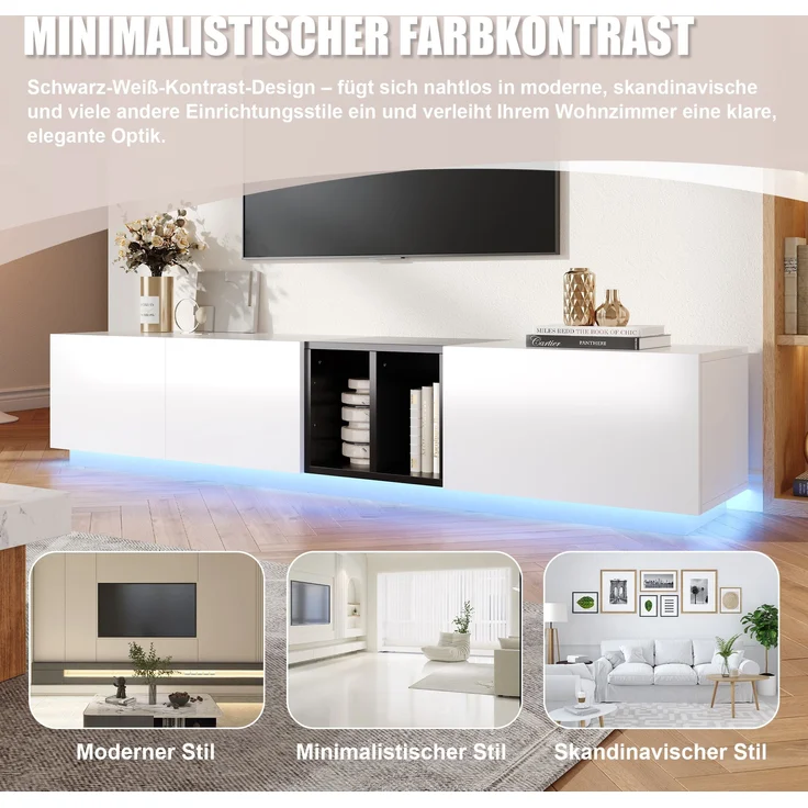 Moderner TV-Schrank weiß/schwarz, 190x40x35 cm, mit Schubladen & Regalen – Bild 6