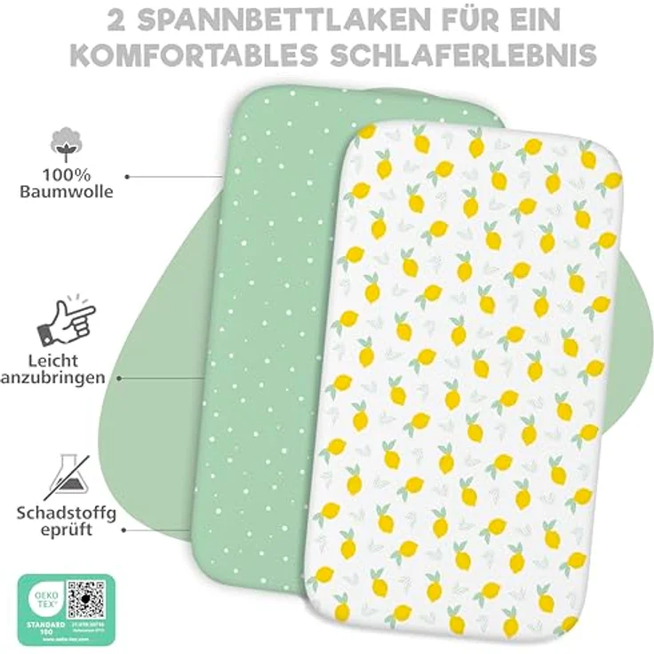 2X Spannbettlaken aus 100% Baumwolle mit Gummiband - 1X Matratzenschoner aus 100% wasserdichtem Material - 3er-Set - 55x90 cm - Zitrone – Bild 4