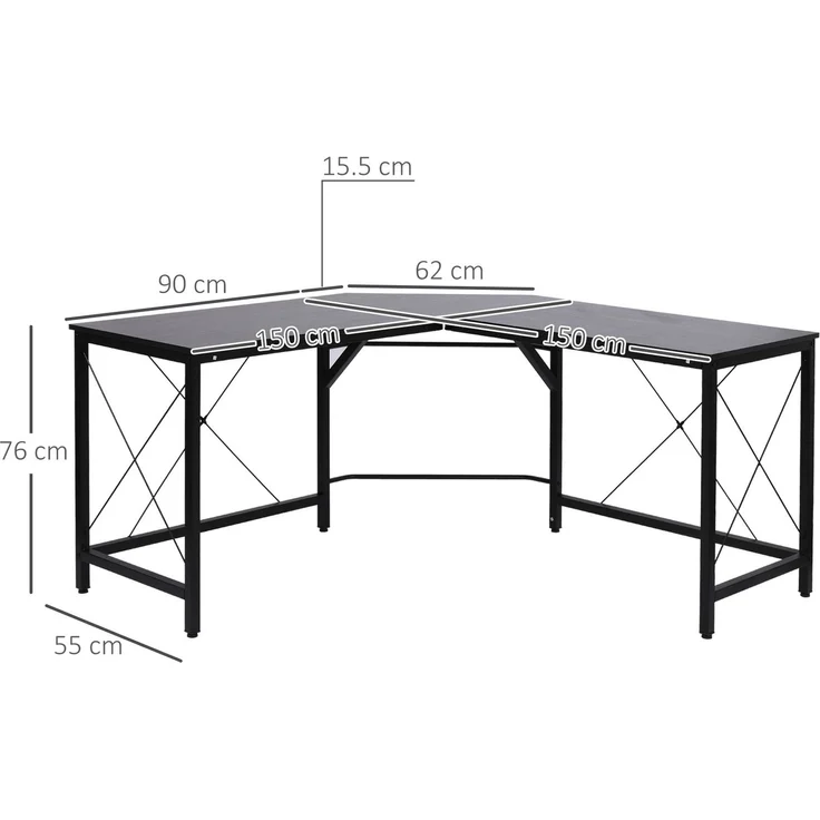 Eckschreibtisch mit MDF-Platte & Stahlgestell, 150x150x76 cm, Schwarz – Bild 3