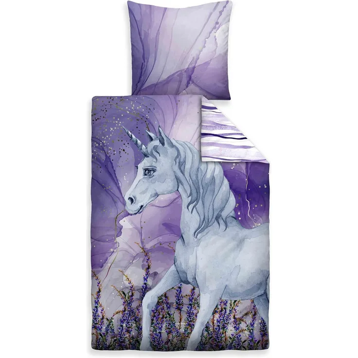Traumhaft schlafen - Castell - Markenbettwäsche Baumwoll Renforce Bettwäsche 0400910 EINHORN, violett, 1x 135x200 cm + 1x 80x80 cm
