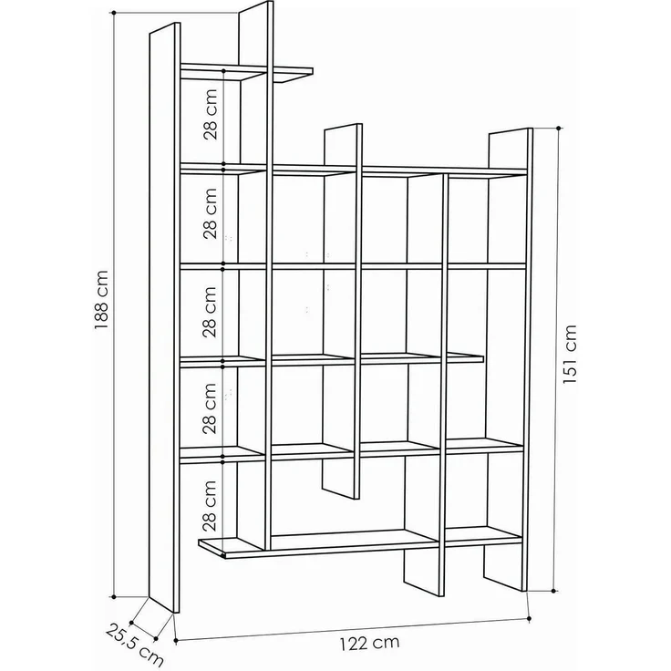 Dmora - Bücherregal Chertan, Büroregal, Mobiler Buchhalter, Bücherbrett, 122x26h188 cm, Weiß – Bild 2