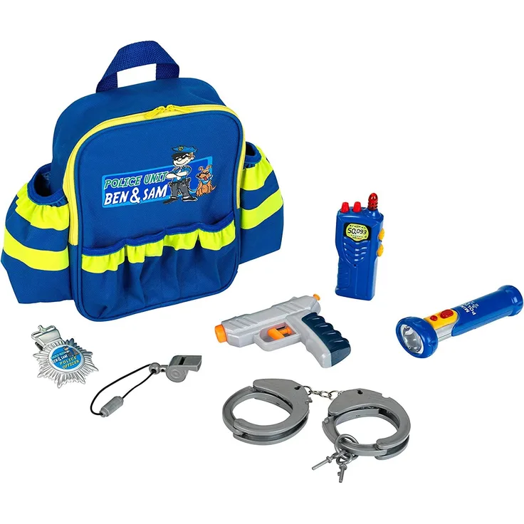 Theo Klein 8802 Police Unit Ben und Sam Polizei-Rucksack mit Zubehör I Mit batteriebetriebener Taschenlampe, Handschellen und vielem mehr I Maße: 28 cm x 25 cm x 8,5 cm