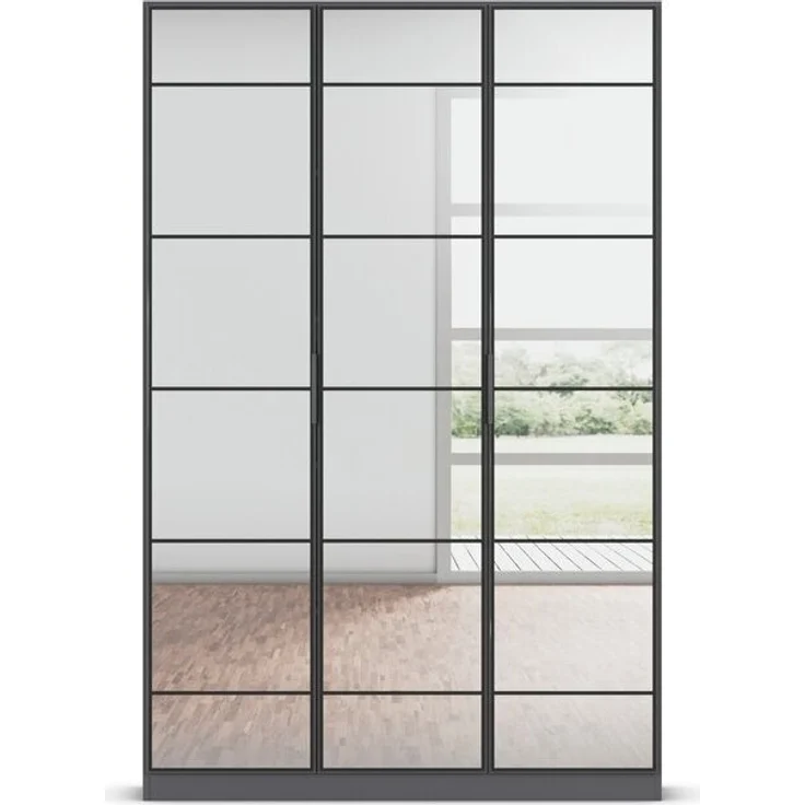 rauch Acero, Garderobenschrank in moderner Loft-Optik, 3-türig, 3 Glastüren, mit 8 Einlegeböden, Farbe Grau metallic, BxHxT 136x210x41cm – Bild 2