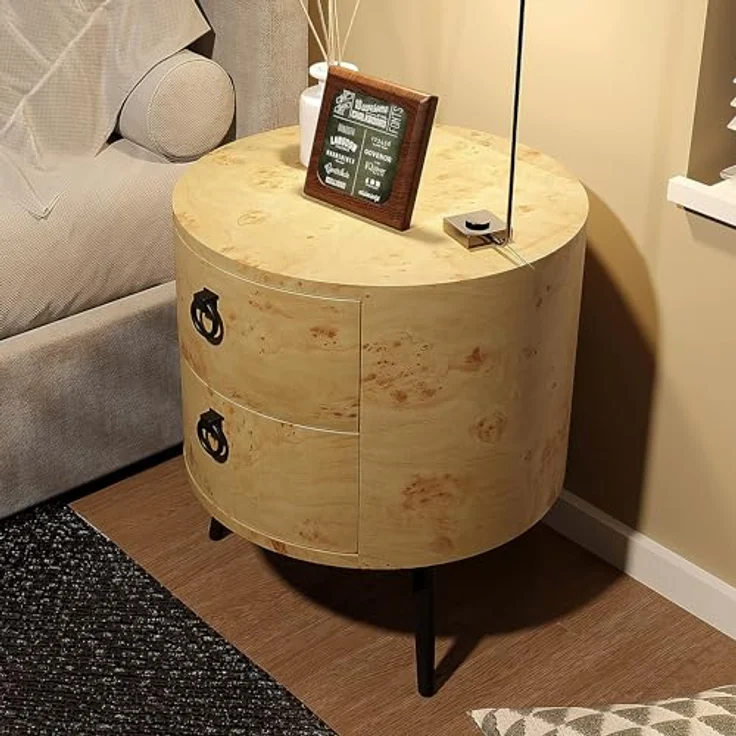 GarveeLife Sofa-Enden, runder Nachttisch mit Schubladen, Beistelltisch, Holz, 2 Schubladen, für Schlafzimmer, Wohnzimmer, 47 x 47 x 55 cm – Bild 5