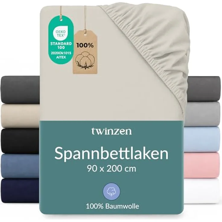 Twinzen Spannbettlaken 90x200cm / 90x190cm, 100% Jersey Baumwolle, Beige, Oeko-Tex zertifiziert, atmungsaktiv und pflegeleicht