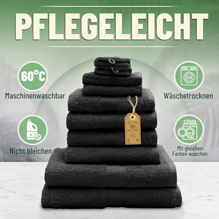Green Mark Handtuch-Set mit 10 Teilen – 100% Baumwolle – 4 Handtücher 50×100 cm, 2 große Duschtücher 70×140 cm, 2 Gästetücher 30×50 cm und 2 Waschhandschuhe – Schwarz – Bild 9