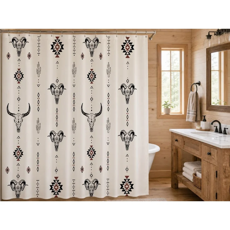 Duschvorhang mit Westernmuster wasserabweisend Weiß 240 x 180 cm – Bild 2