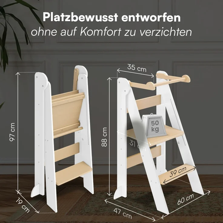Bellabino 'Tay' Lernturm für Kinder ab 1 Jahr, Tritt 2-fach höhenverstellbar, weiß/natur, Birke Sperrholz, klappbar, Tritthocker bis 50 kg belastbar – Bild 9