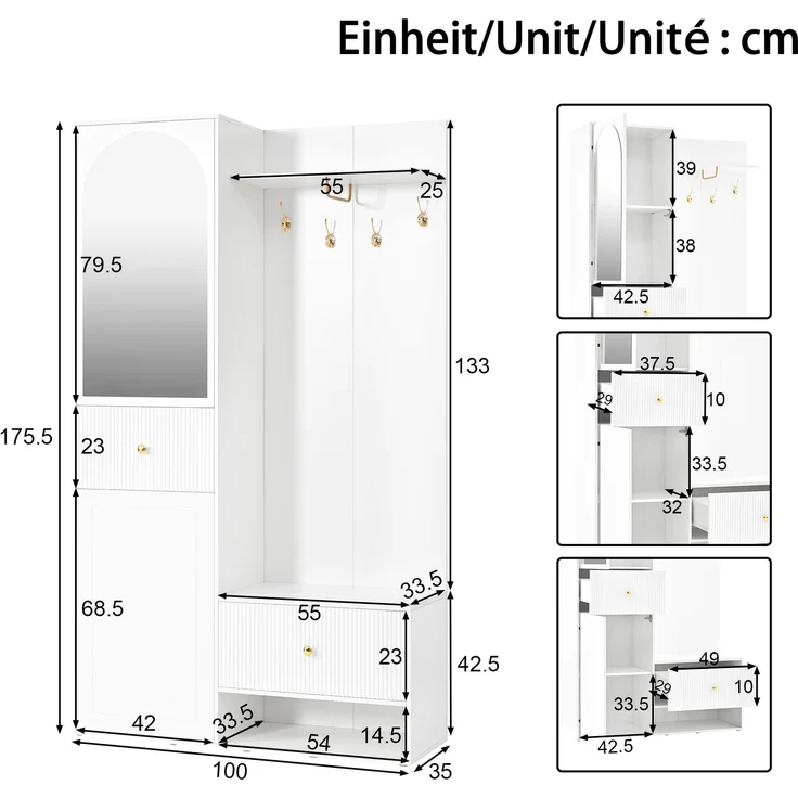 Flieks Garderoben-Set 100 x 35 x 175.5 cm mit Rundbogenspiegel, Türen, Schubladen und goldfarbenen Haken, Weiß – Bild 4