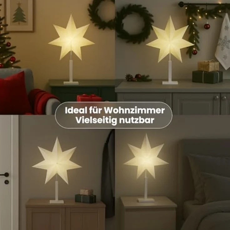 EGLO Tischlampe mit Weihnachtsstern, Dekostern beleuchtet aus Papier mit Holz-Sockel, 3D Fenster-Leuchtstern stehend in weiß mit Kabel, Tischleuchte Weihnachten, E14 Fassung, 70 cm – Bild 6