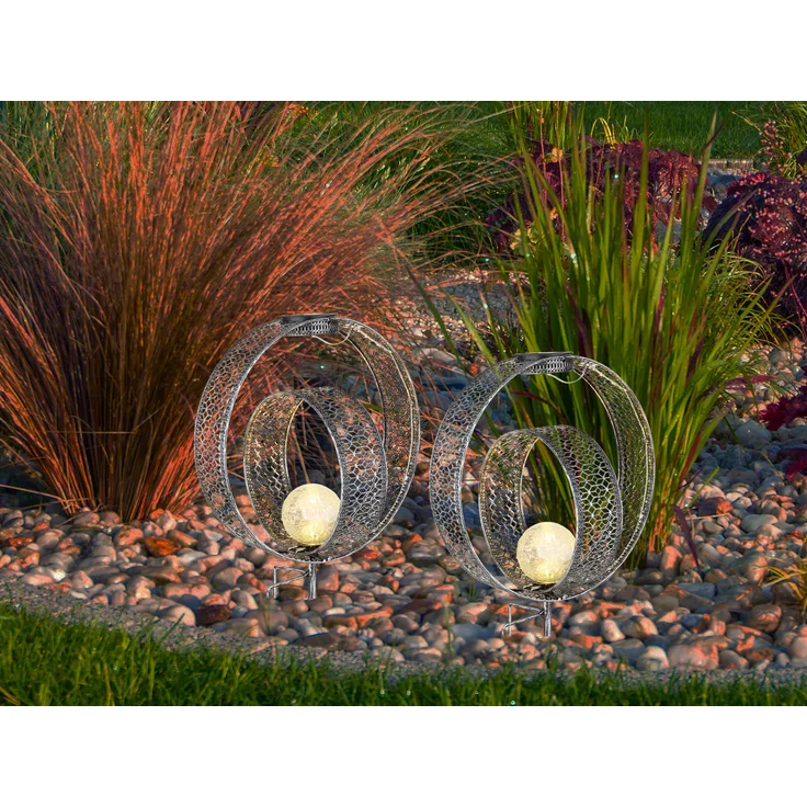 2er Set LED Solarleuchten Dekorstanzungen in Silber & Crackleglas, Höhe 42cm – Bild 4