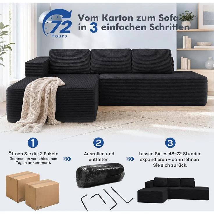 COMHOMA Ecksofa mit Schlaffunktion, 228cm Corduroy Modulares Boneless Couch mit Chaiselongue & Rücken-Metallgestell, L-Form Schlafsofa mit offenem Design, Kissen & Seitentaschen,für Wohnzimmer,Schwarz-R – Bild 14