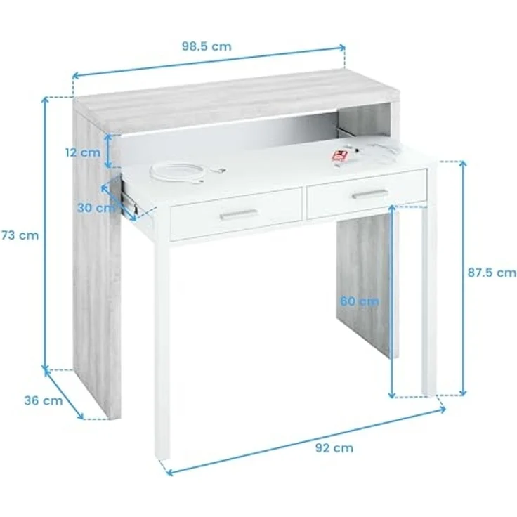 Ausziehbarer Konsolenschreibtisch mit zwei Schubladen, Betonfarbe und Deckweiß, Maße 98 x 87 x 36 cm (ausziehbar bis 66 cm) – Bild 3
