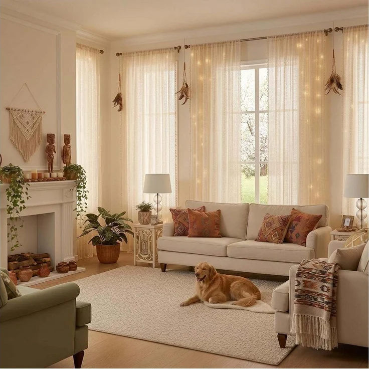 Zyronn Scheibengardine Boho-Quasten-Vorhänge für Wohnzimmer, Vintage-Stil (2 St) – Bild 2