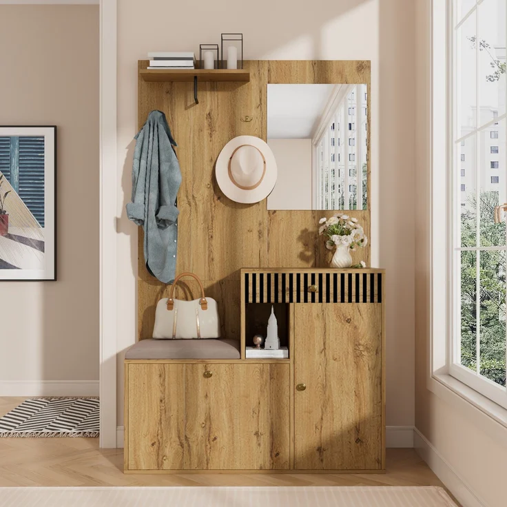 Flurschrank 110x37x185.5cm mit Sitzfläche,Soft-Close,verstellbaren Regalen,Spiegel,Haken,Schubladen,Stauraum,Natur – Bild 6