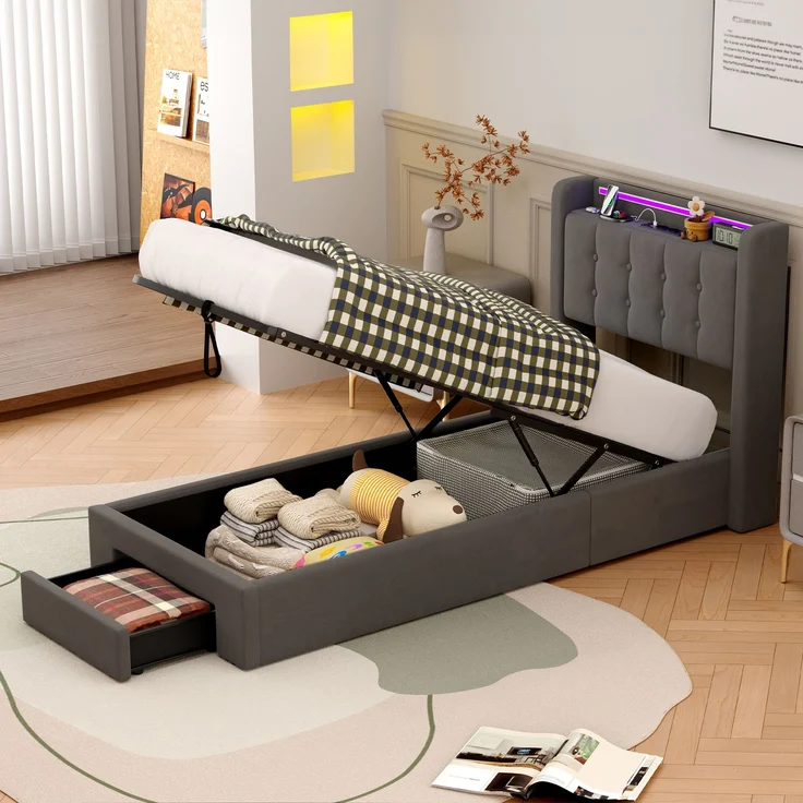 Polster-Jugendbett aus Samt mit LED, USB, hydraulischem Stauraum & Schubladen, ohne Matratze, 90x200 cm, Grau – Bild 2