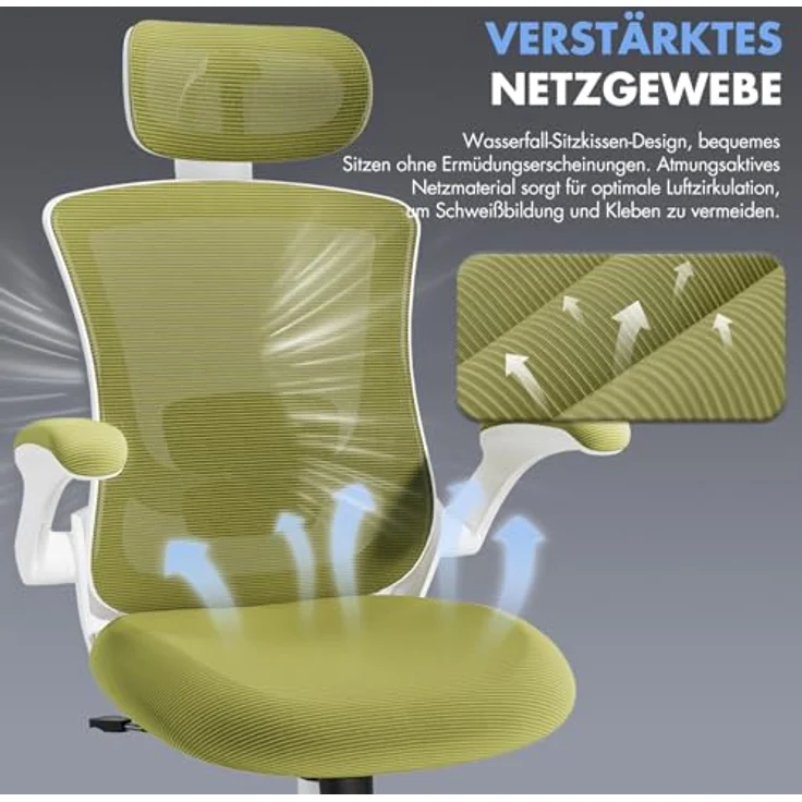 COLAMY Bürostuhl Mesh Computerstuhl, Bürostuhl Ergonomisch, Arbeitsstuhl mit Verstellbarer Kopfstütze und Lendenwirbelstütze, Schreibtisch Stuhl mit hochklappbarer Armlehne, 140° Wippfunktion, Grün – Bild 5