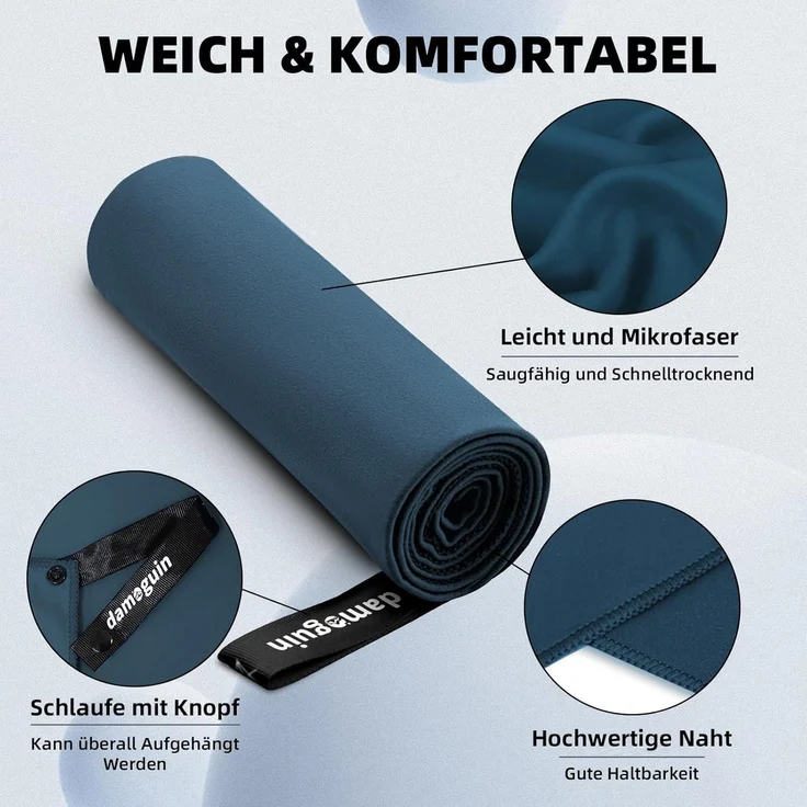 Mikrofaser Handtuch 3er-Set Fitness Strand Reise Groß Klein Marineblau – Bild 5