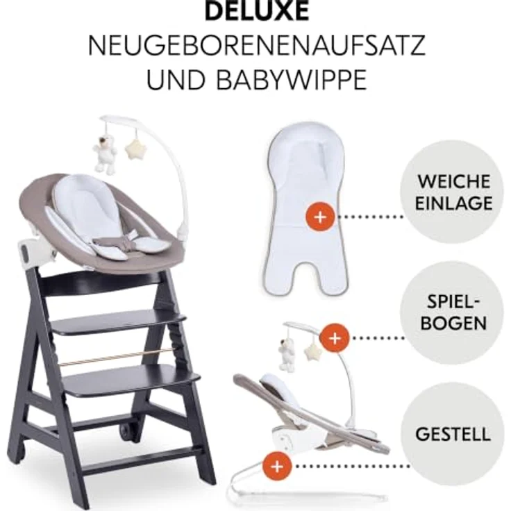 hauck Beta+ Hochstuhl Newborn Set mit Deluxe Bouncer - Dark Grey | Mitwachsender Holz Kinderhochstuhl mit Rollen ab Geburt bis 90 kg | inkl. Neugeborenenaufsatz, Essbrett & Sitzkissen – Bild 4