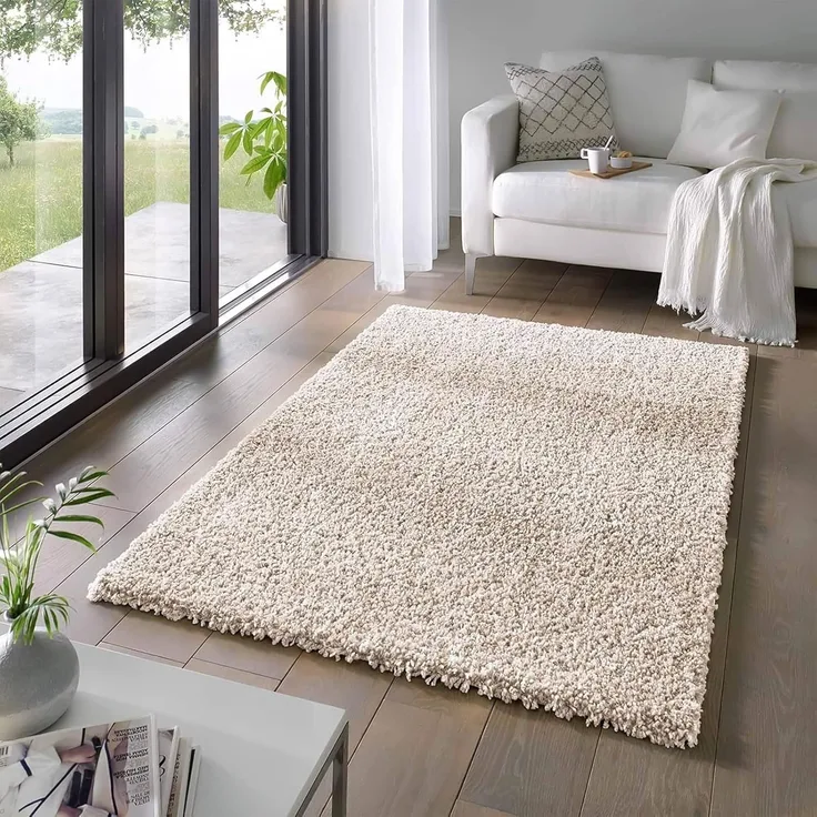 Taracarpet Shaggy Teppich Wohnzimmer Venezia Hochflor Langflor Teppiche modern Creme 200x200 cm