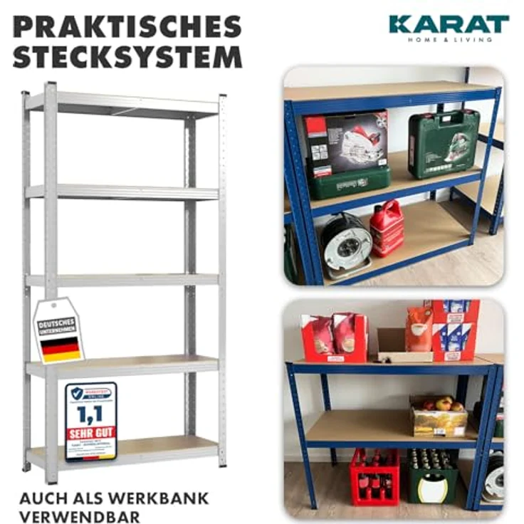 KARAT Schwerlastregal, 180 x 90 x 60 cm Steckregal, Kellerregal, Lagerregal, Metallregal - aus Stahl Metall - 5 verstellbare Böden (Verzinkt) – Bild 4