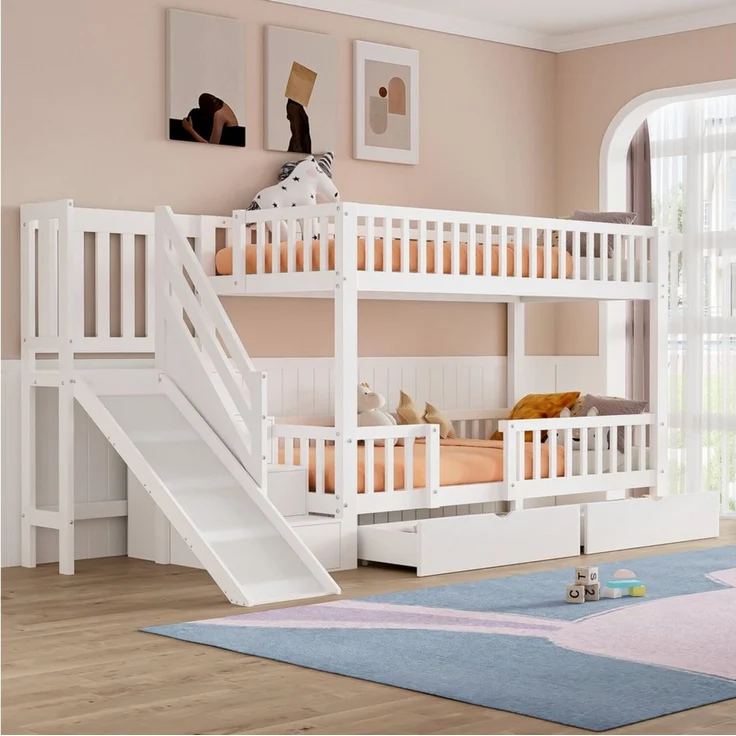 Odikalo Etagenbett Kinderbett,mit Rutsche,und magnetischer Tür,ohne Matratze,weiß,90*200 – Bild 1