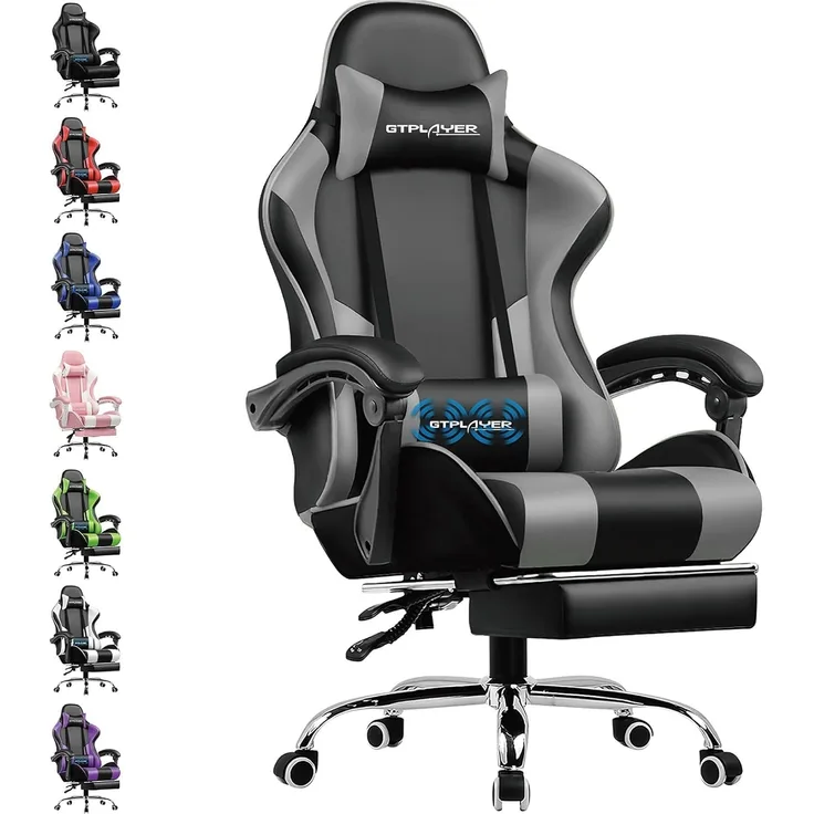 GTPLAYER Gaming Stuhl Bürostuhl Massage Gaming Sessel Ergonomischer Gamer Stuhl mit Fußstütze, Kopfstütze Massage-Lendenkissen, Gepolstert Gaming Chair, Drehsessel, grau