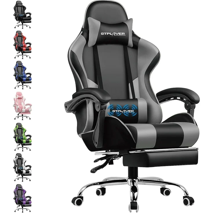 GTPLAYER Gaming Stuhl Bürostuhl Massage Gaming Sessel Ergonomischer Gamer Stuhl mit Fußstütze, Kopfstütze Massage-Lendenkissen, Gepolstert Gaming Chair, Drehsessel, grau