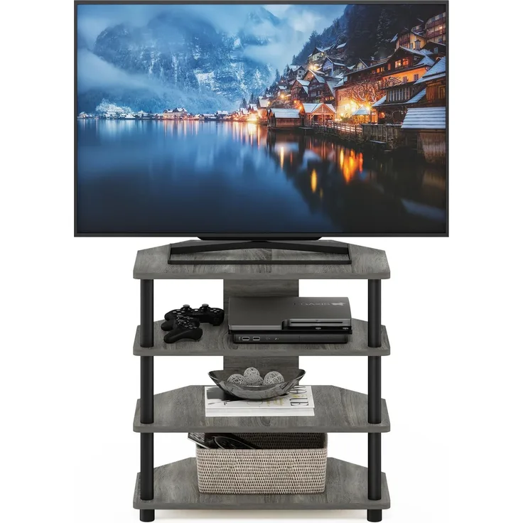 Furinno Drehrohr Easy Assembly 4-stöckig Petite TV Ständer, französische Eiche Grau/Schwarz