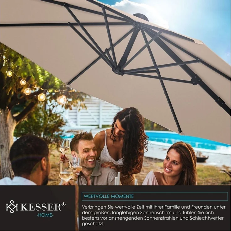 KESSER® Sonnenschirm Ampelschirm SUN Rund XL Ø330 cm Inkl. Windschtzseile & Abdeckung 7-Fach Verstellbar Drehbar Neigbar Kippbar Groß 360° Drehbar Gartenschirm mit Kurbel Sonnenschutz UV50+ Taupe, Ohne LED – Bild 3