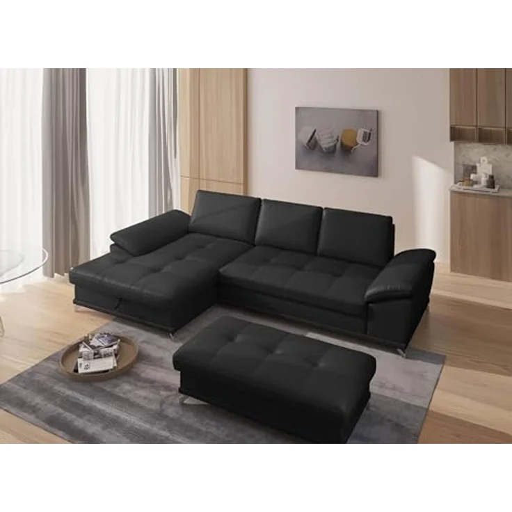 Cavadore Eckcouch Castiel mit Federkern / Ecksofa mit großem Longchair, Sitztiefenverstellung und mattschwarzen Metallfüßen / 301 x 89 x 176 / Echtleder, Schwarz – Bild 2